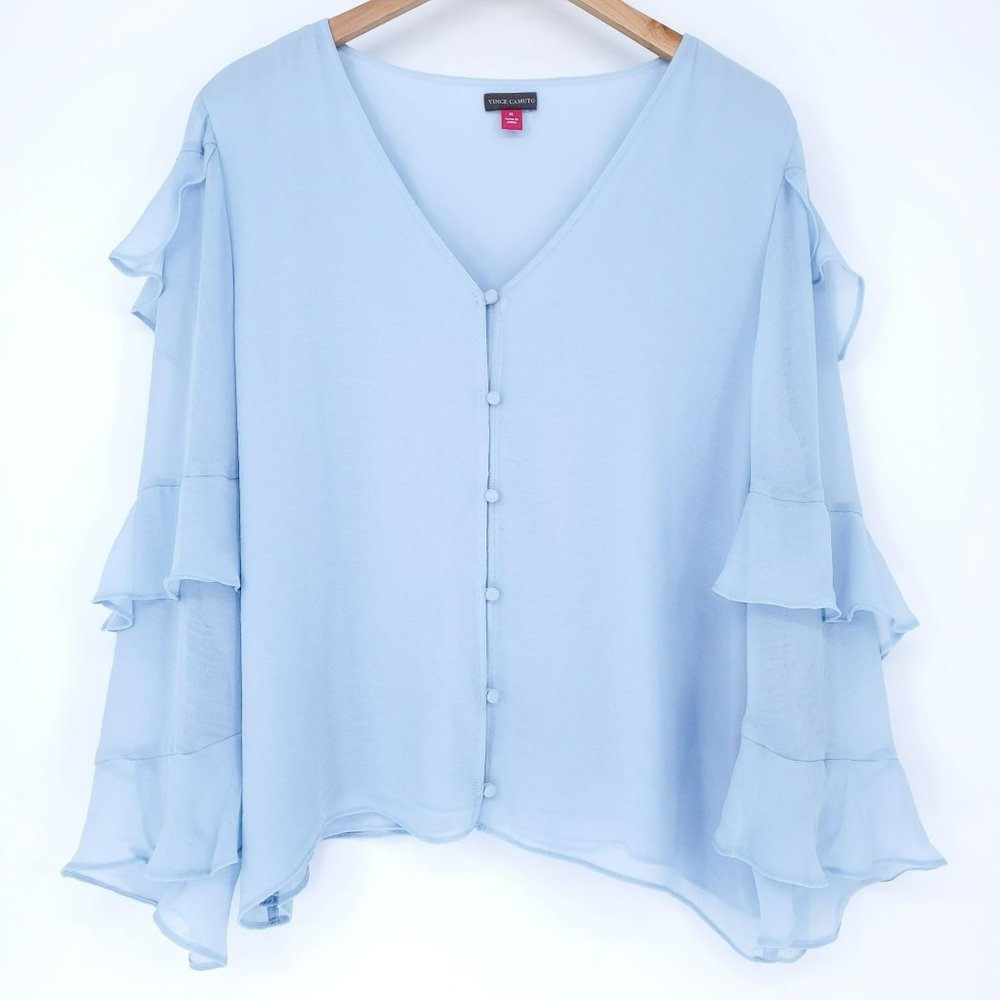 Antonio Melani Blouse Womens XL Light Blue Ruffles V Neck Button Up